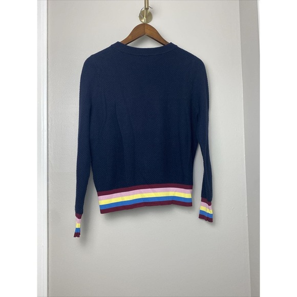 Kule Navy Blue Cashmere Blend Crewneck Sweater Rainbow Striped Cuff‎ Size Small - Picture 8 of 8